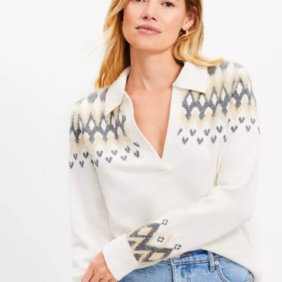 Fair Isle Collared Split Neck Sweater by LOFT, NEW - Picture 2 of 3
